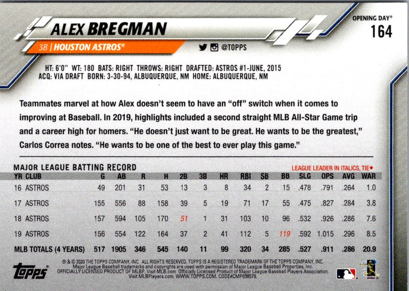 2020 Topps Opening Day Alex Bregman