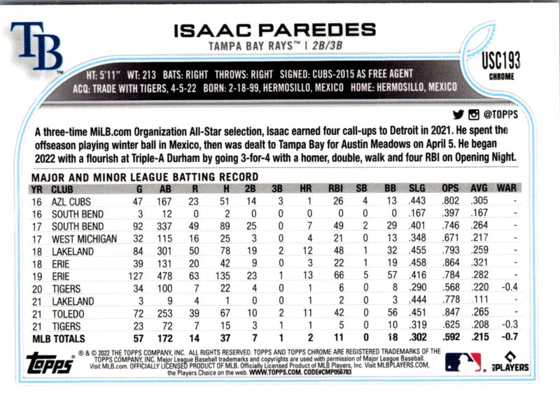 2022 Topps Chrome Update Isaac Paredes