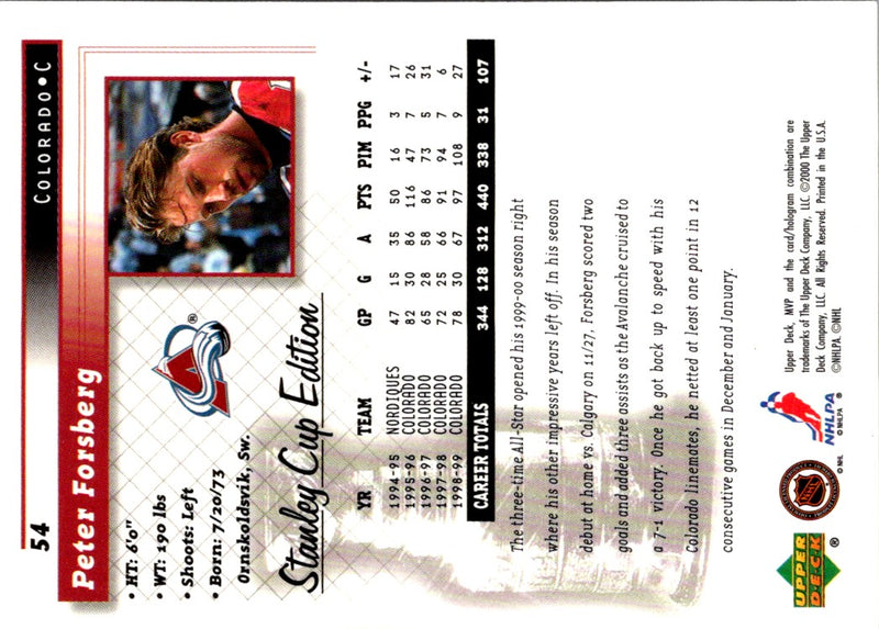 1999 Upper Deck MVP Stanley Cup Peter Forsberg