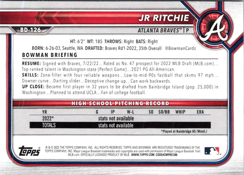 2022 Bowman Draft Baseball JR Ritchie