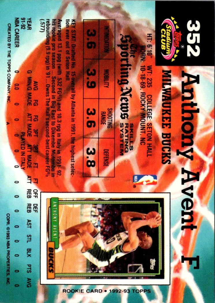 1992 Stadium Club Members Only Anthony Avent