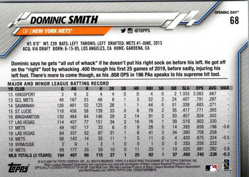 2020 Topps Opening Day Dominic Smith