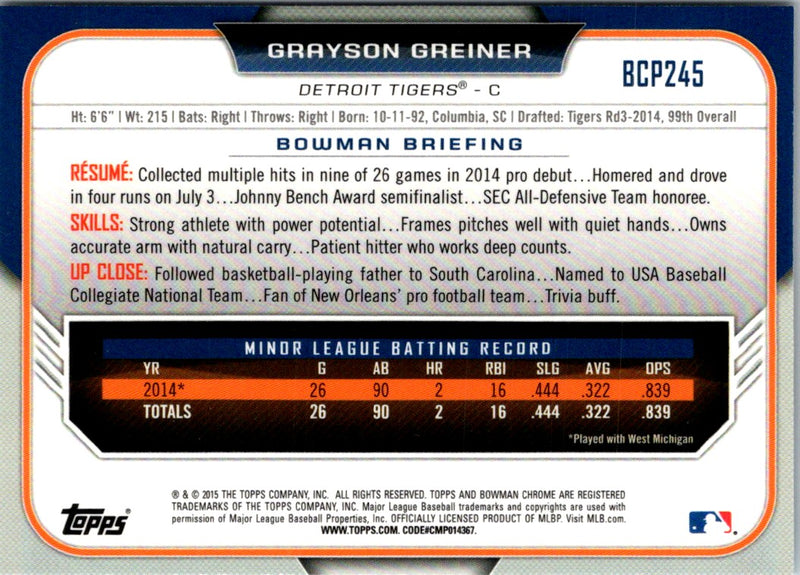 2015 Bowman Chrome Prospects Grayson Greiner