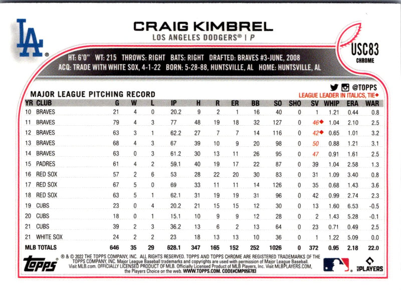 2022 Topps Chrome Update Purple Refractor Craig Kimbrel