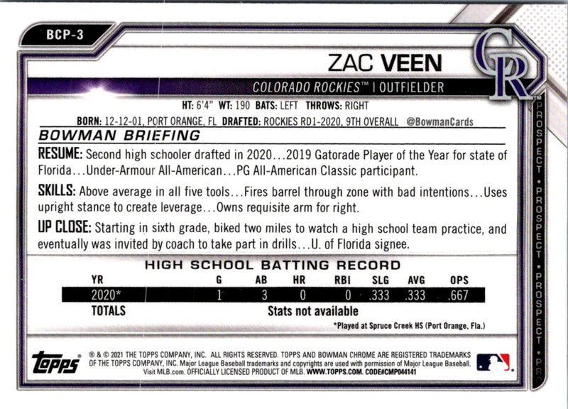 2021 Bowman Chrome Prospects Zac Veen