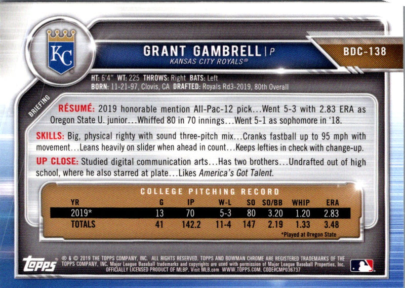 2019 Bowman Draft Chrome Grant Gambrell