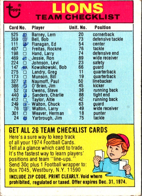 1974 Topps Team Checklists Checklist Detroit Lions #NNOA