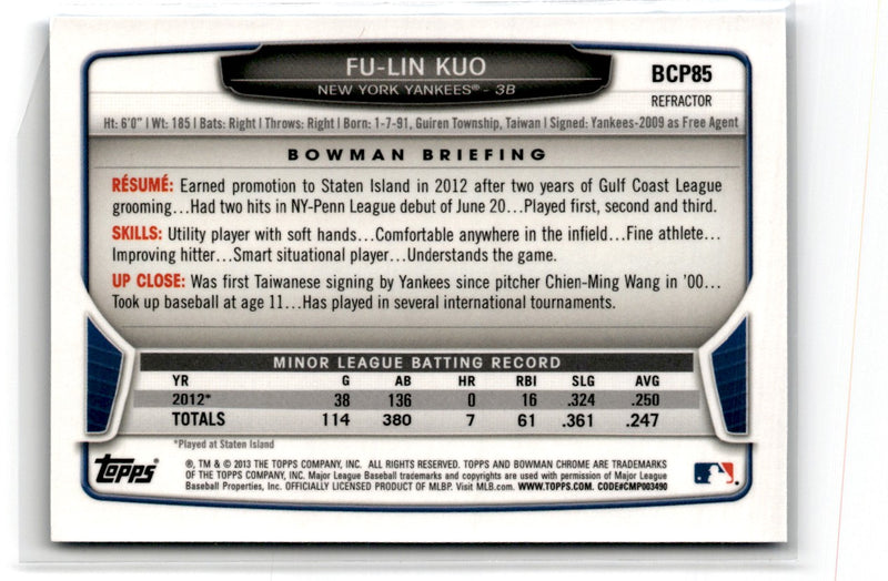 2013 Bowman Chrome Prospects Blue Wave Fu-Lin Kuo