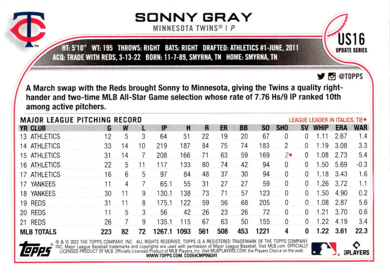 2022 Topps Update Sonny Gray