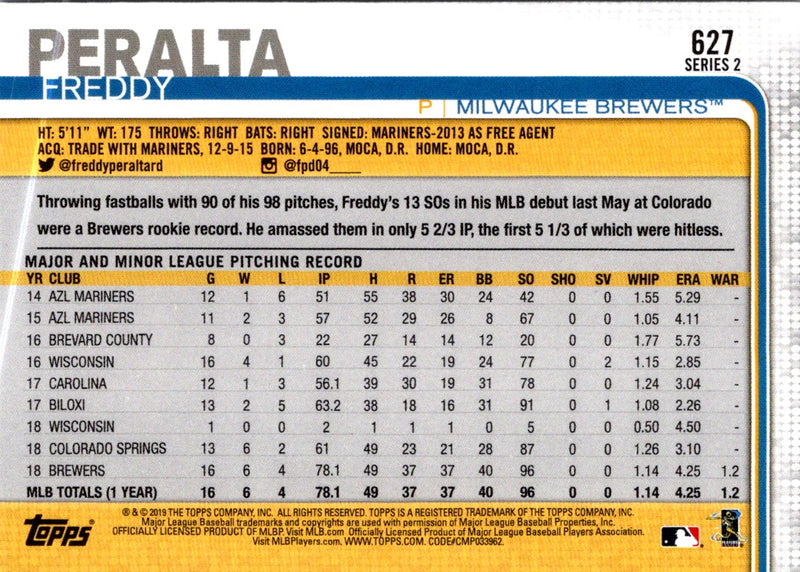 2019 Topps Milwaukee Brewers Freddy Peralta