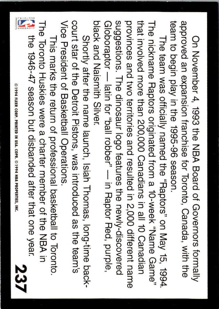 1994 Fleer Toronto Raptors Logo