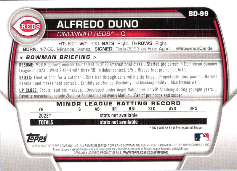 2023 Bowman Draft Alfredo Duno