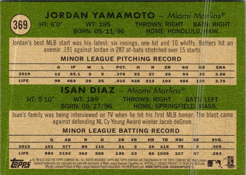 2020 Topps Heritage Jordan Yamamoto/ Isan Diaz