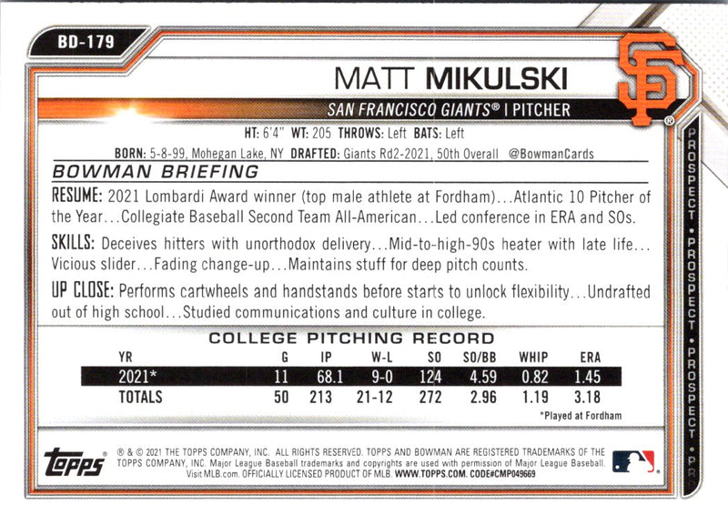 2021 Bowman Draft Matt Mikulski