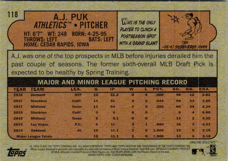 2021 Topps Heritage Red A.J. Puk