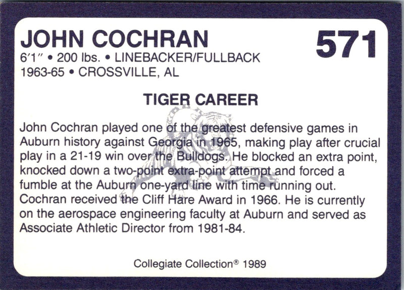 1989 Collegiate Collection Auburn Coke 580 John Cochran