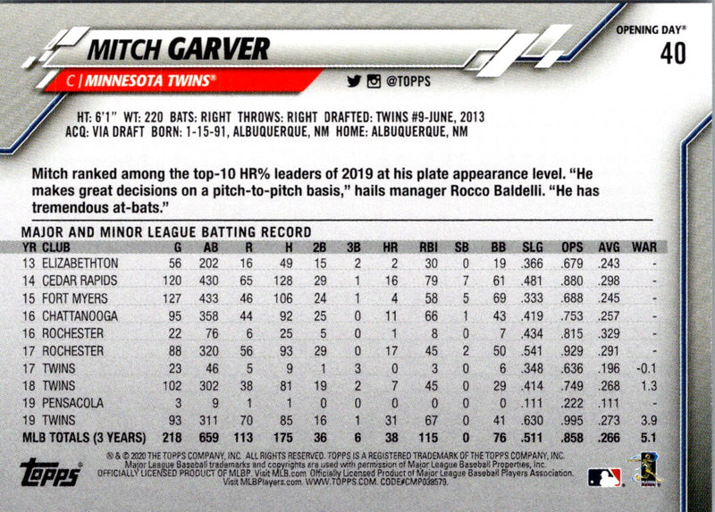 2020 Topps Opening Day Mitch Garver