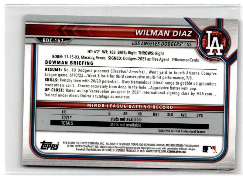 2021 Bowman Chrome Prospects Wilman Diaz