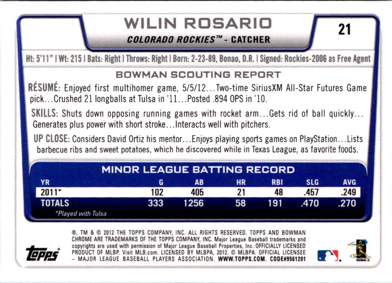 2012 Bowman Draft Picks & Prospects Chrome Wilin Rosario