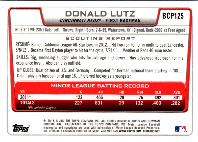 2012 Bowman Chrome Prospects Donald Lutz