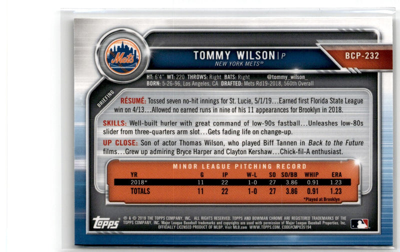 2019 Bowman Chrome Prospects Tommy Wilson