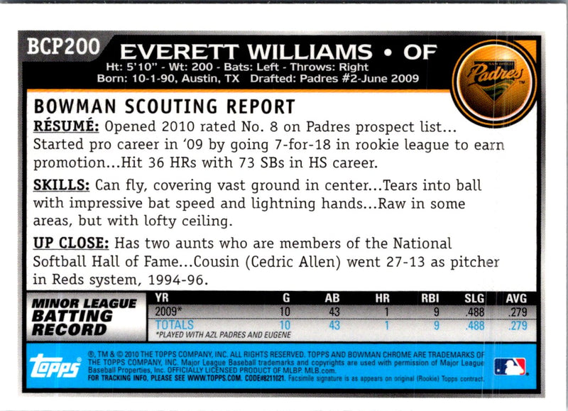 2010 Bowman Chrome Prospects Everett Williams