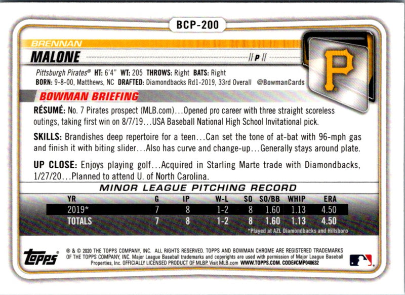 2020 Bowman Chrome Prospects Brennan Malone