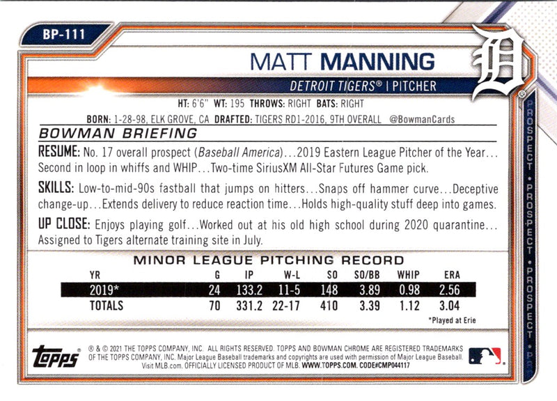 2021 Bowman Prospects Matt Manning