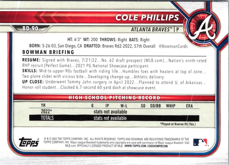 2022 Bowman Draft Baseball Cole Phillips