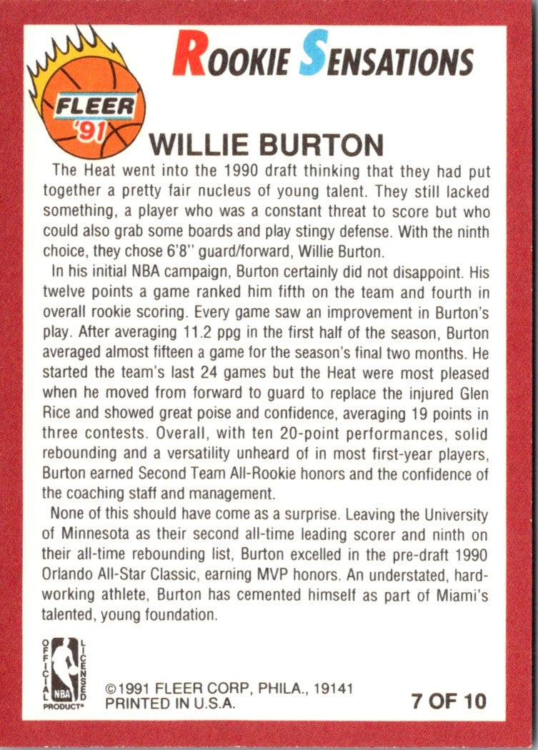 1991 Fleer Rookie Sensations Willie Burton