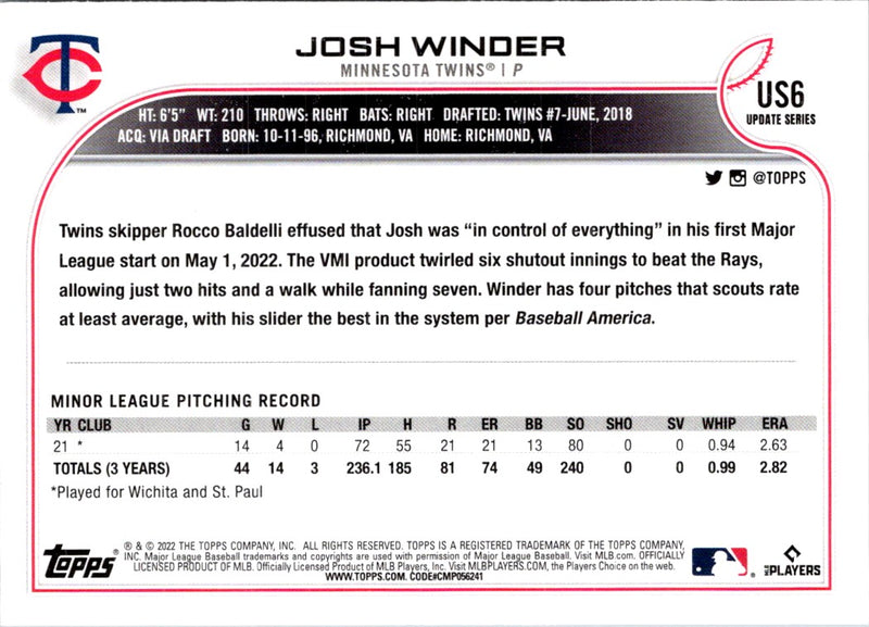 2022 Topps Update Josh Winder