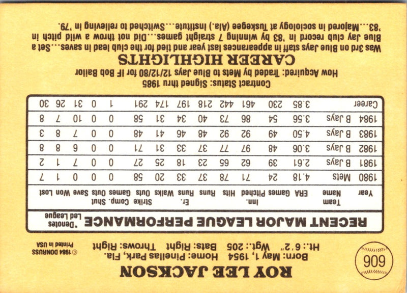 1985 Donruss Roy Lee Jackson
