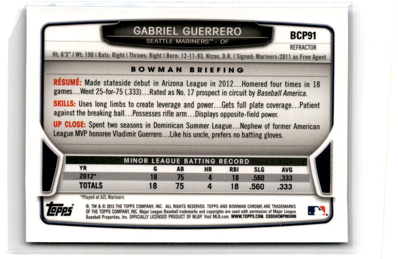 2013 Bowman Chrome Prospects Blue Wave Gabriel Guerrero