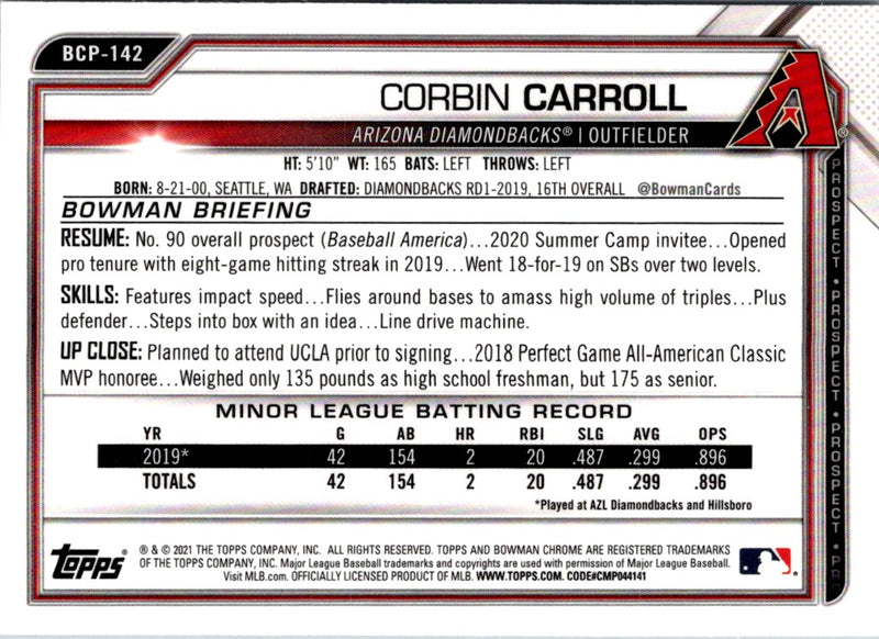 2021 Bowman Chrome Prospects Corbin Carroll