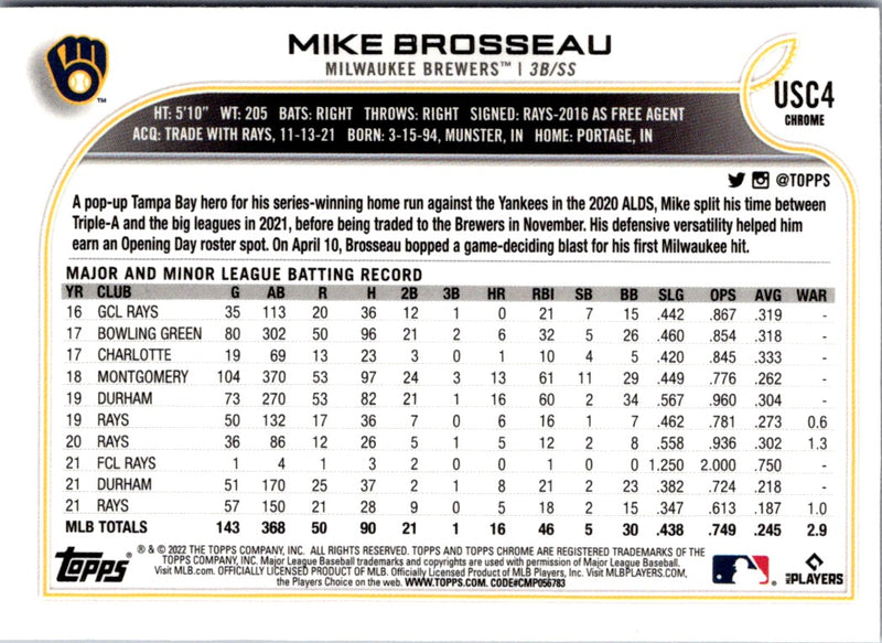 2022 Topps Chrome Update Purple Refractor Mike Brosseau