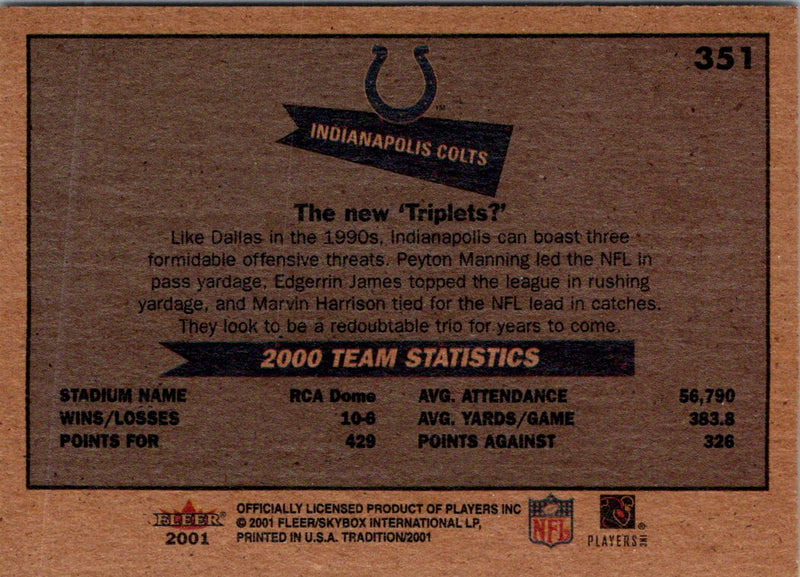 2001 Fleer Tradition Glossy Indianapolis Colts