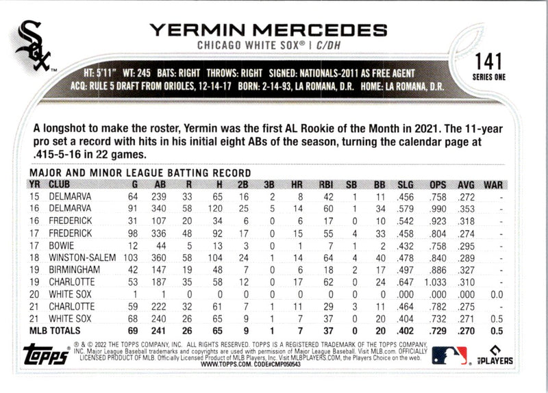 2022 Topps Yermin Mercedes