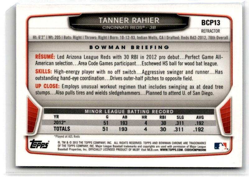 2013 Bowman Chrome Prospects Blue Wave Tanner Rahier