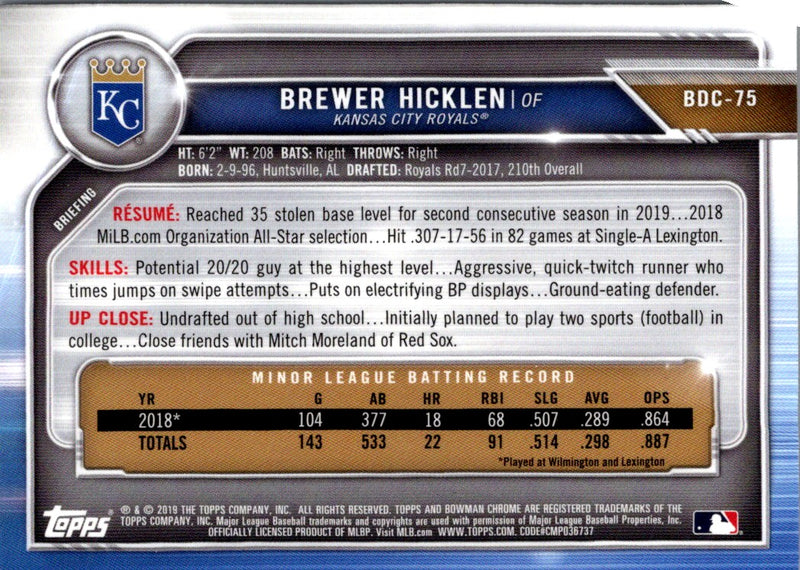 2019 Bowman Draft Chrome Brewer Hicklen