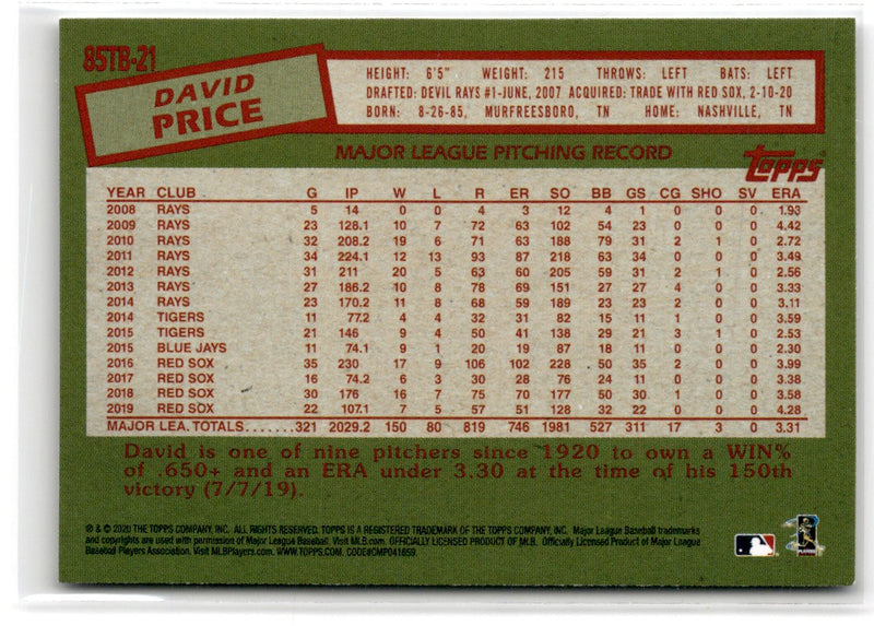 2020 Topps Update 1985 Baseball 35th Anniversary David Price