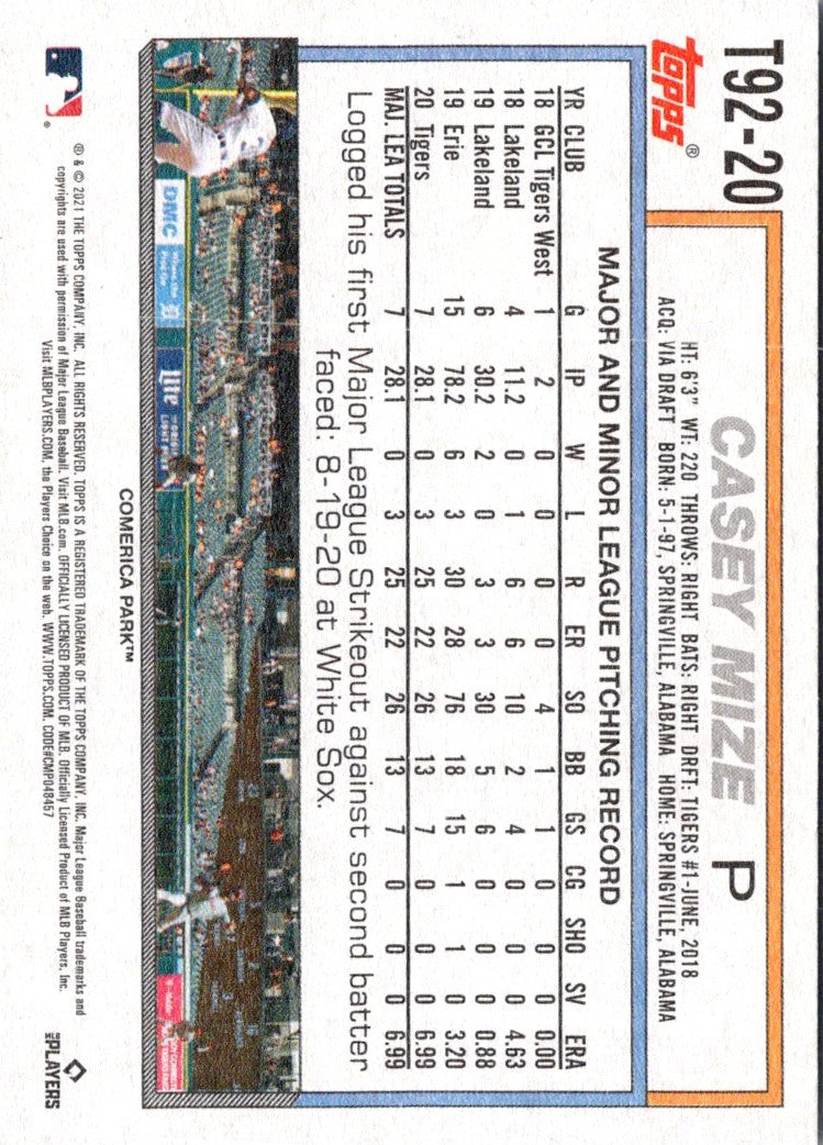 2021 Topps Update 1992 Redux Casey Mize