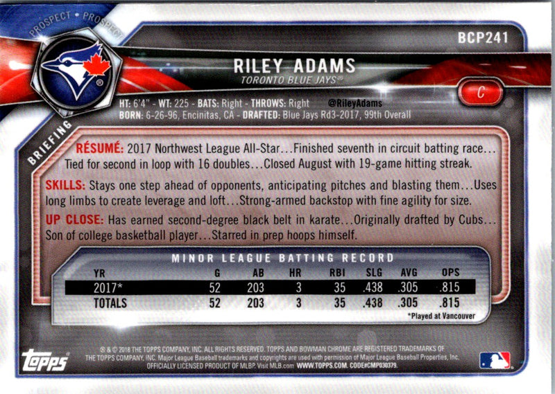 2018 Bowman Chrome Prospects Riley Adams