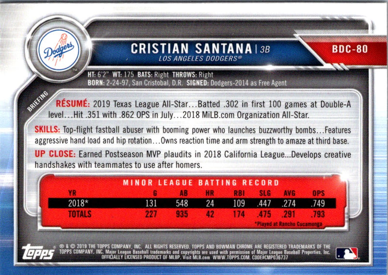 2019 Bowman Draft Chrome Cristian Santana