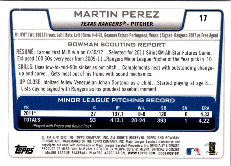 2012 Bowman Draft Picks & Prospects Chrome Martin Perez