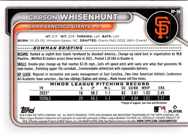 2024 Bowman Prospects Carson Whisenhunt