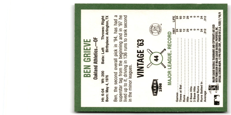 1998 Fleer Tradition Vintage Ben Grieve