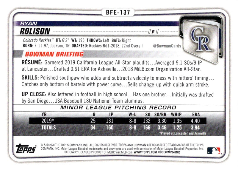 2020 Bowman 1st Edition Ryan Rolison