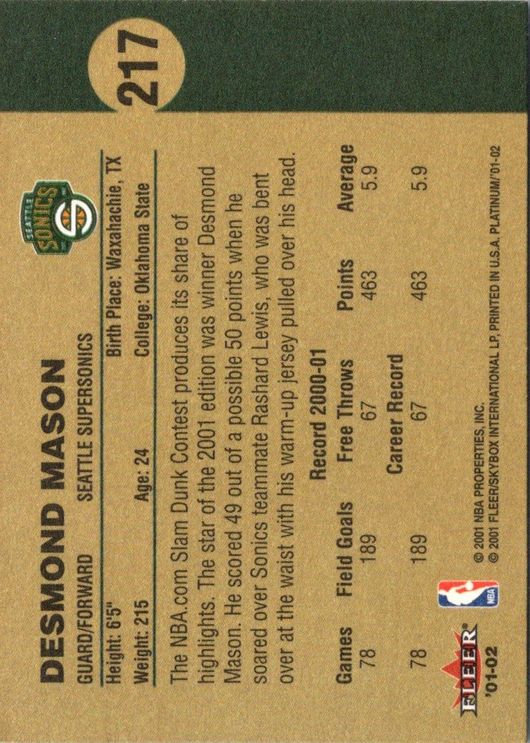 2001 Fleer Platinum Desmond Mason