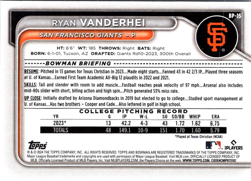 2024 Bowman Prospects Ryan Vanderhei