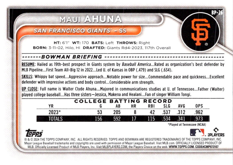 2024 Bowman Prospects Maui Ahuna